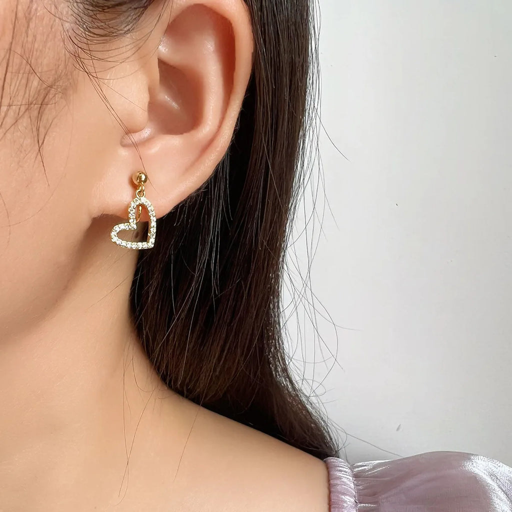 Elegant Zircon Paved Gold Heart Drop Stud & Clip On No Piercing Sweet Alloy Dangle Earrings
