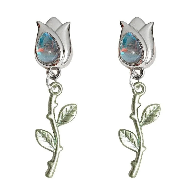 Sweet Cool Copper Tulip Rose Flower Drop Earrings Handmade Futuristic Minimalist Jewelry
