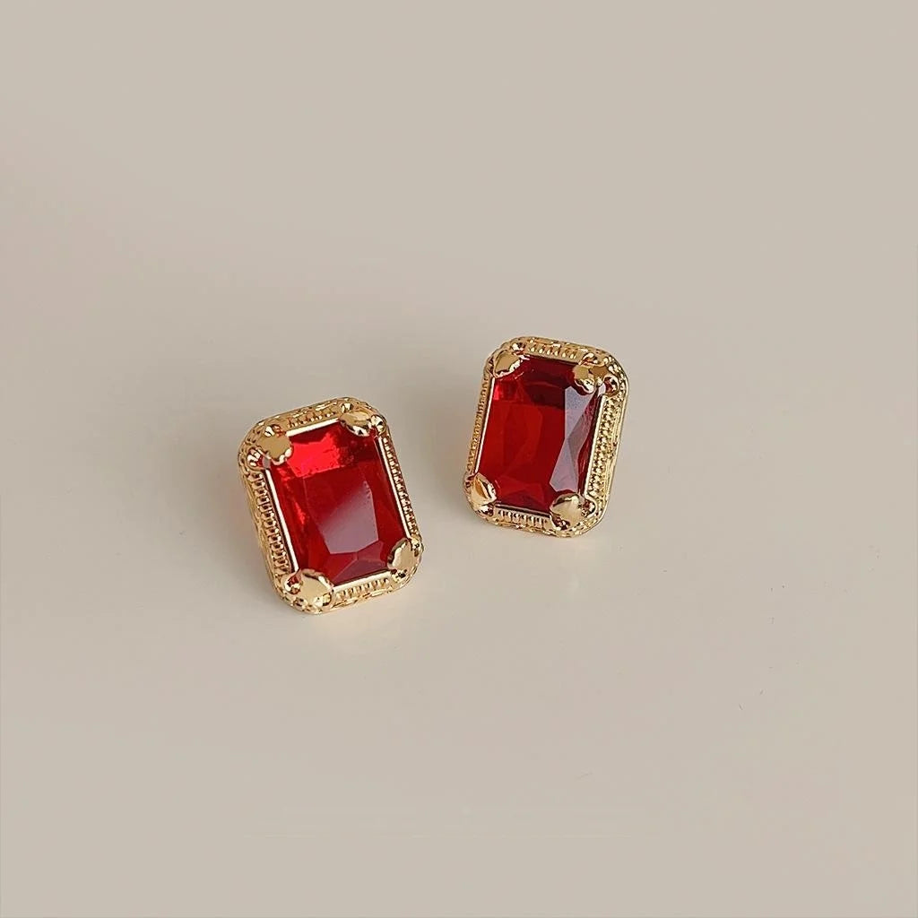 Vintage French Palace Red Glass Crystal Geometric Square Window Frame Stud Earrings