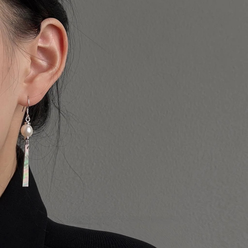 New Chinese Style Abalone Shell Pearl Tassel Drop Earrings, Silver Plated Copper Geometric Jewelry