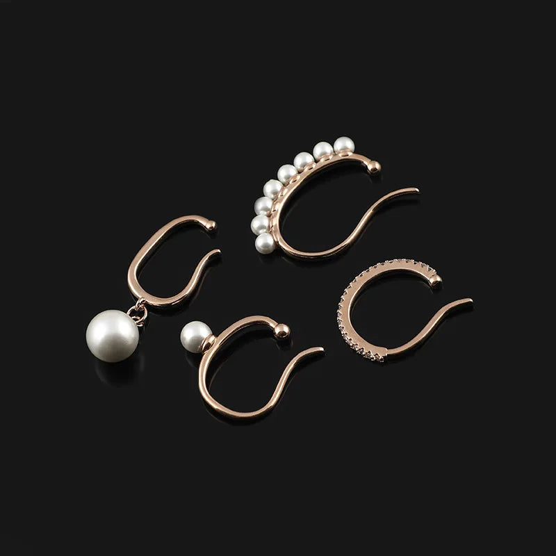 Elegant Gold Alloy Pearl Ear Cuff Hoop Stud & Clip On No Piercing Rhinestone Ear Bone Wrap Earrings
