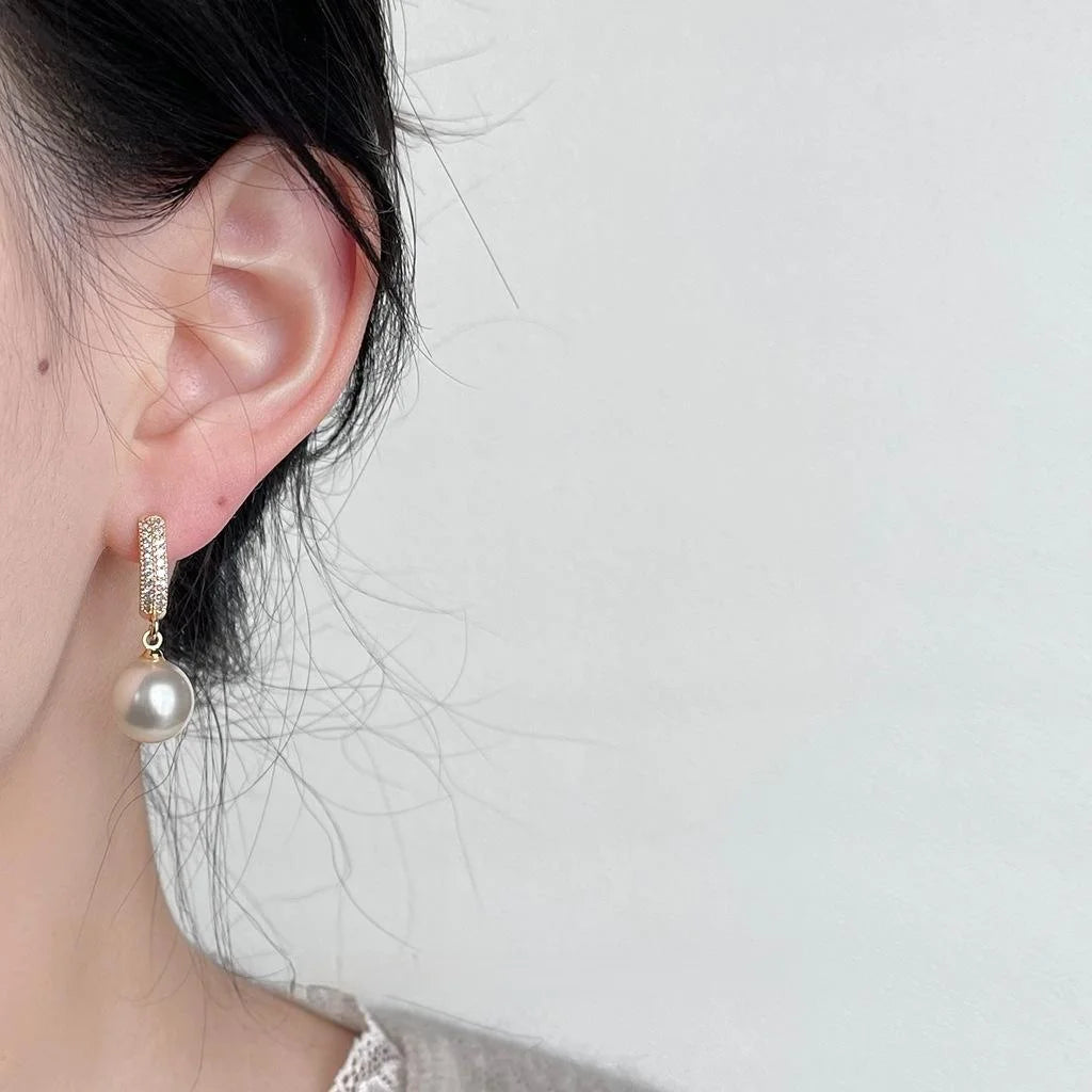 14K Gold Plated Copper Glass Pearl Stud Earrings With Micro Pave Zircon Geometric Hoop Design