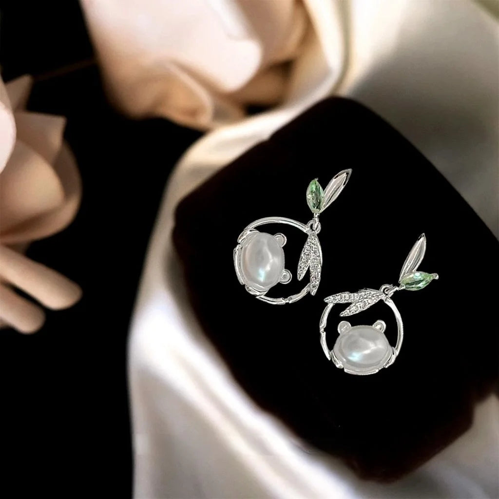 New Chinese Style Panda Bamboo Leaf Drop Earrings Copper Zircon Pearl Hollow Animal Jewelry
