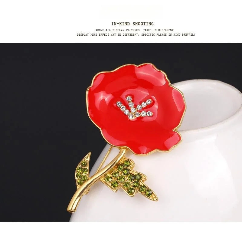 Elegant Red Poppy Flower Enamel Brooch With Rhinestones, Gold Tone Alloy Lapel Pin Corsage Suit Accessory Gift