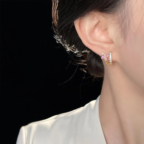 14K Gold Plated Copper Hydrangea Enamel Micro Pave Zircon Stud Earrings Pastoral Sweet Style