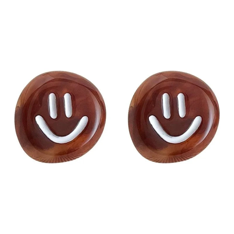 Maillard Style Brown Acrylic Smiley Round Stud Earrings For Women, Korean Autumn Winter Jewelry
