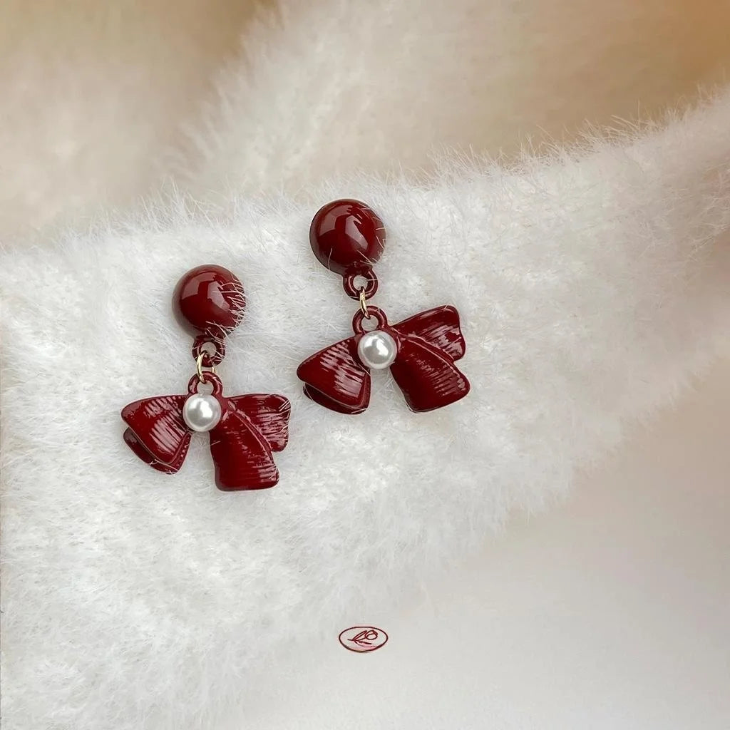 Burgundy Enamel Metal Bow Drop Earrings Retro Hong Kong Style Autumn Winter Jewelry