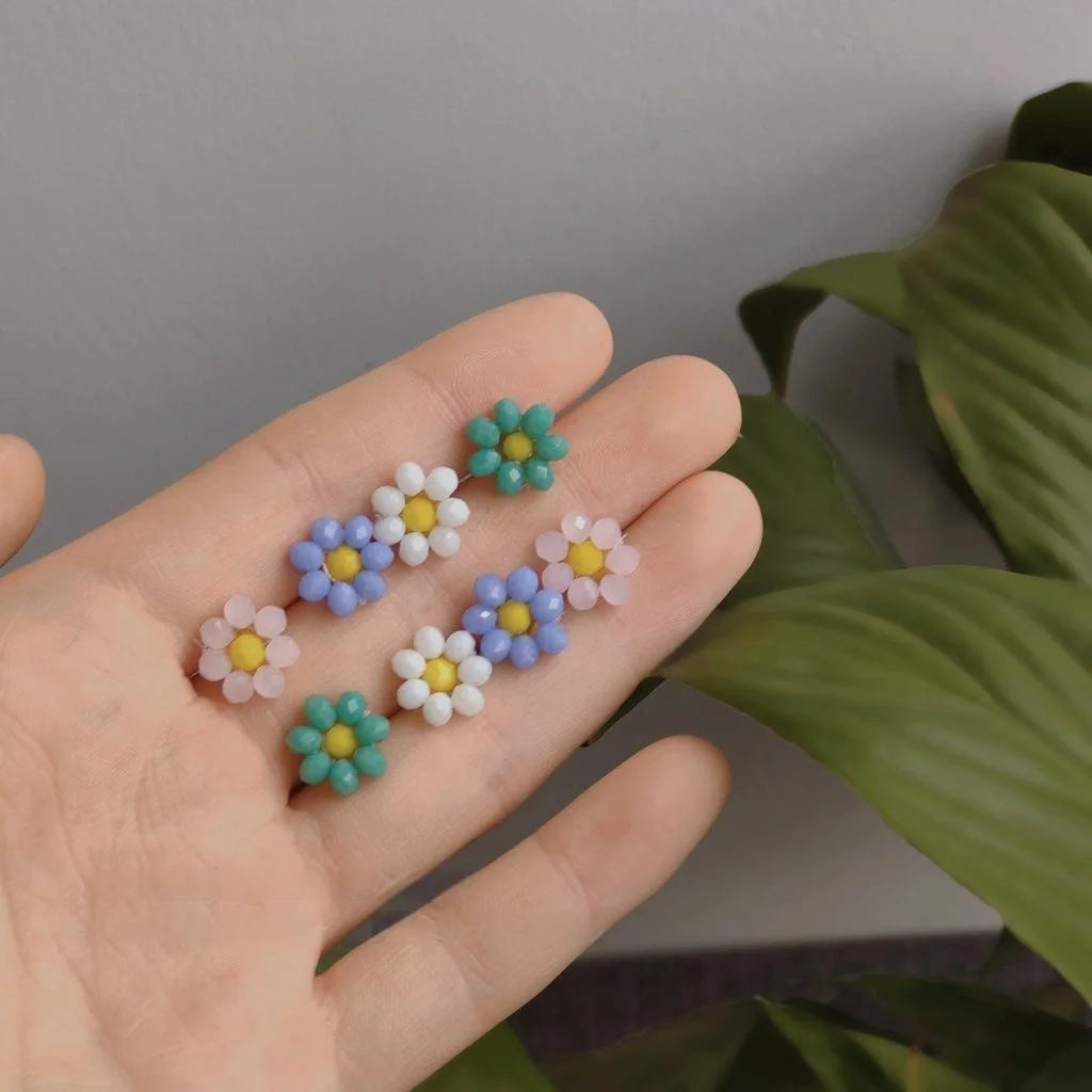 Korean Style Handmade Woven Glass Crystal Flower Stud Earrings With Silver Plated Pins