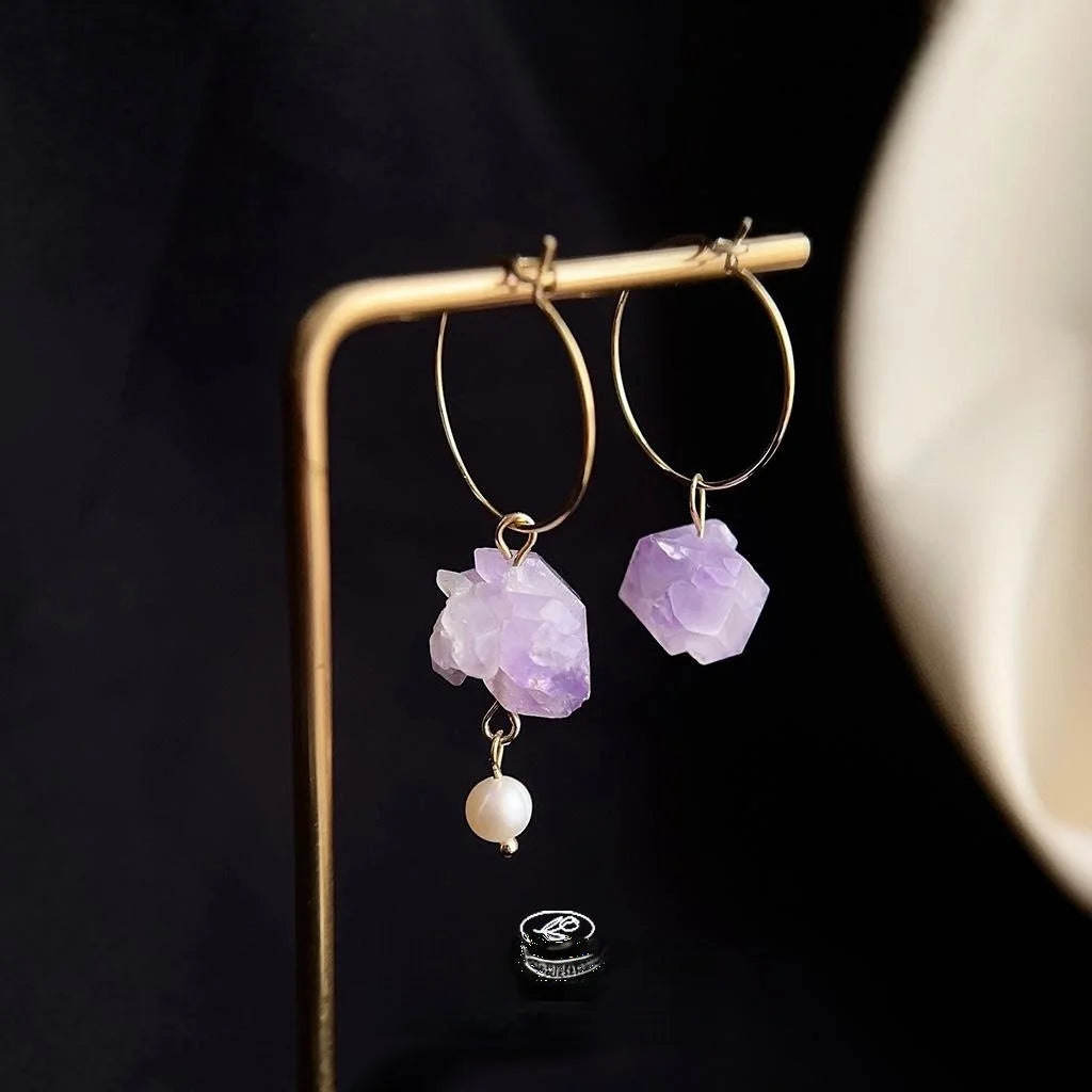 Handmade Amethyst Crystal Freshwater Pearl Asymmetric Geometric Drop Earrings For Women