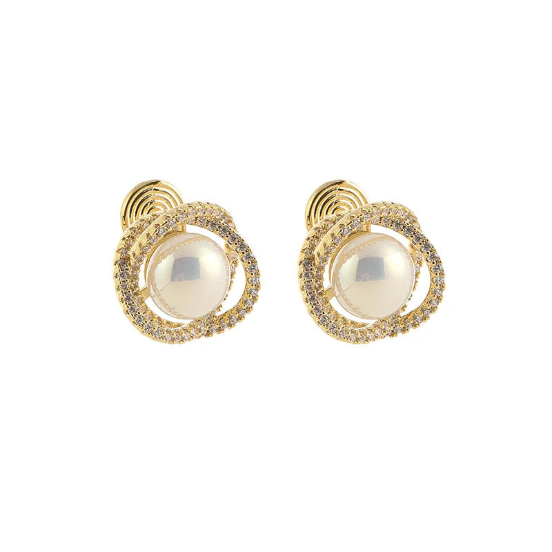 Luxury Mabe Pearl Zircon Swirl Square Stud & Clip On No Piercing Elegant Women's Gift Earrings