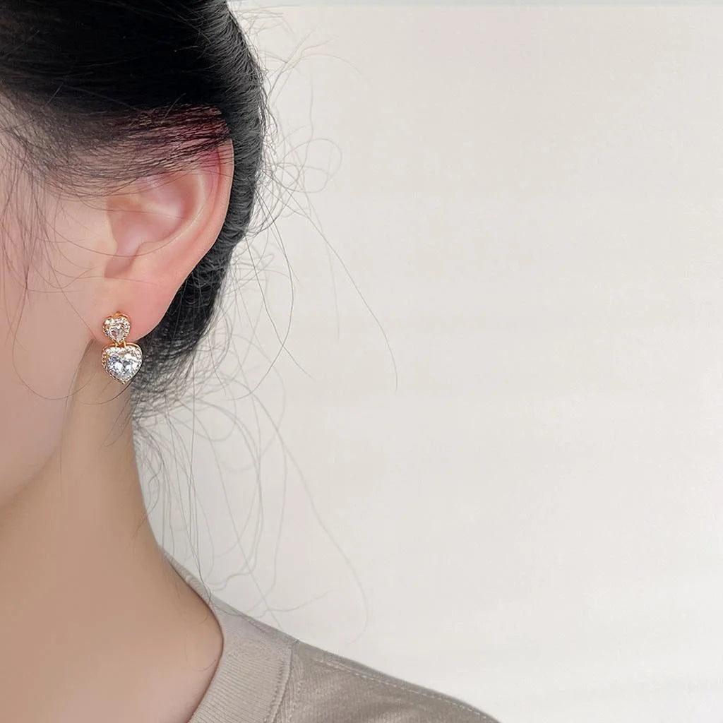 18K Gold Plated Copper Heart Zircon Drop Earrings, Light Luxury Sweet Elegant Jewelry