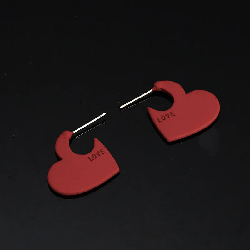 Matte Red Enamel Love Heart Drop Stud & Clip On No Piercing Spiral Disc Dangle Earrings