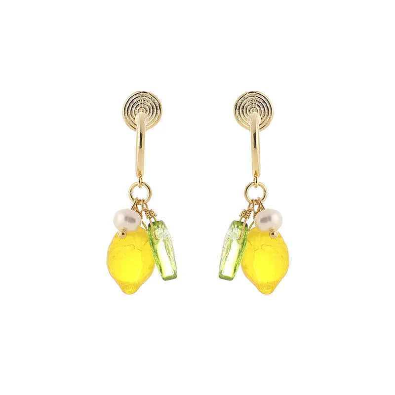 Elegant Lemon Fruit Green Leaf Crystal Pearl Alloy Stud & Clip On No Piercing Dangle Drop Earrings