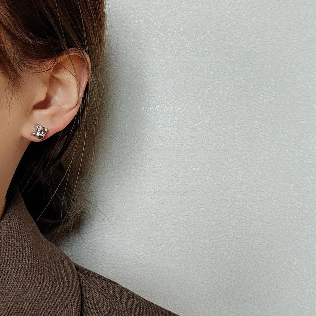 Gold Tone Liquid Irregular Square Copper Stud Earrings For Women, Geometric Korean Fashion