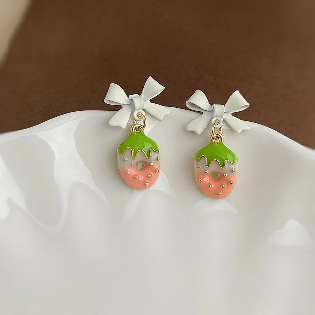 Sweet Strawberry Bow Drop Earrings Copper Summer Cute Jewelry