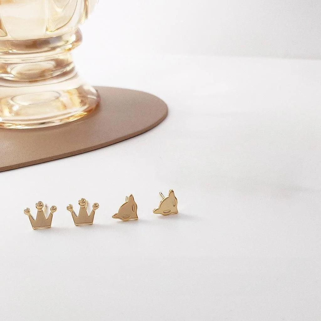 14K Gold Plated Copper Mini Stud Earrings, Versatile Crown Fox Snowflake Flower Designs
