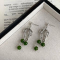 Handmade New Chinese Style Emerald Natural Stone Bow Tassel Drop Earrings Silver Plated Copper