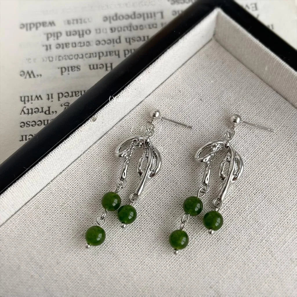 Handmade New Chinese Style Emerald Natural Stone Bow Tassel Drop Earrings Silver Plated Copper