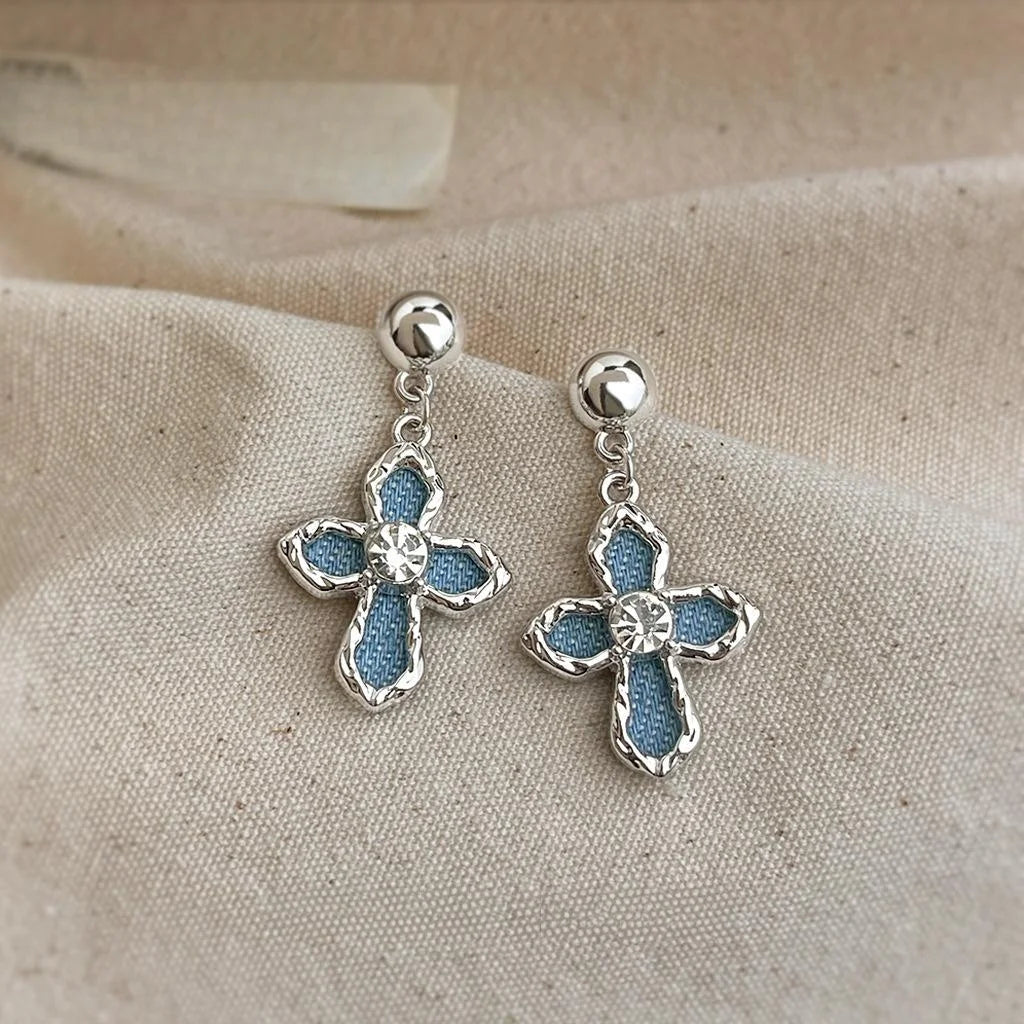 Denim Cross Geometric Drop Earrings Style Sweet Cool Designer Fashion Jewelry
