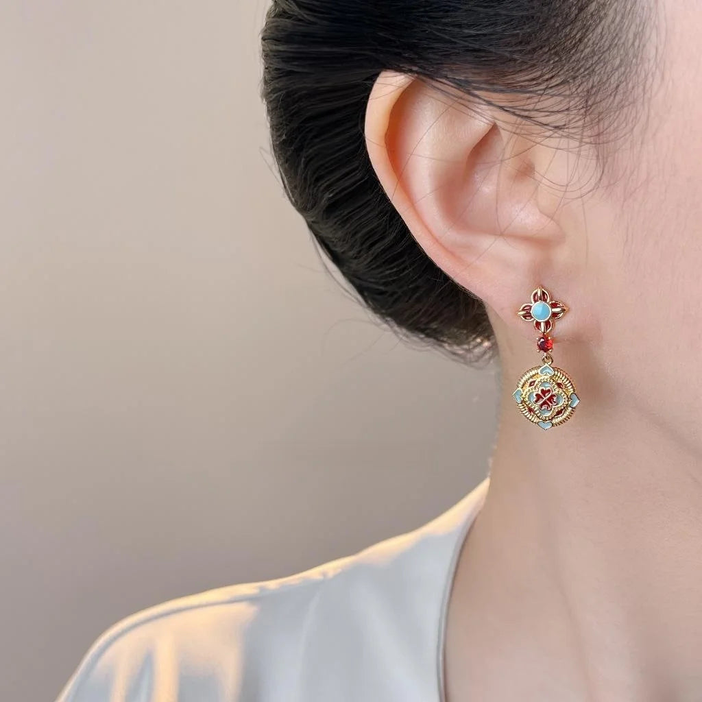 Original Ethnic Style Copper Enamel Glaze Zircon Auspicious Floral Geometric Drop Earrings