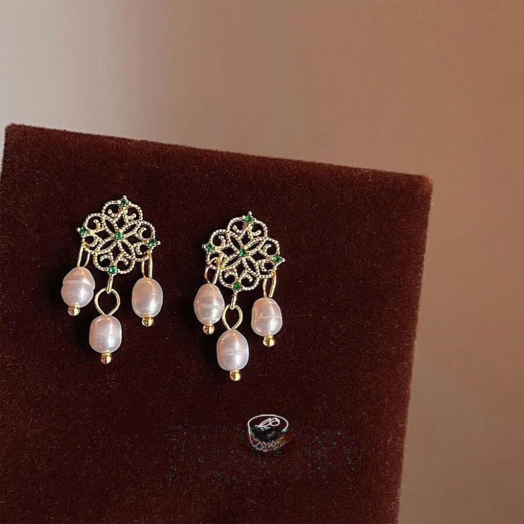 French Vintage Freshwater Pearl Zircon 14K Gold Plated Copper Hollow Lace Dreamcatcher Stud Earrings