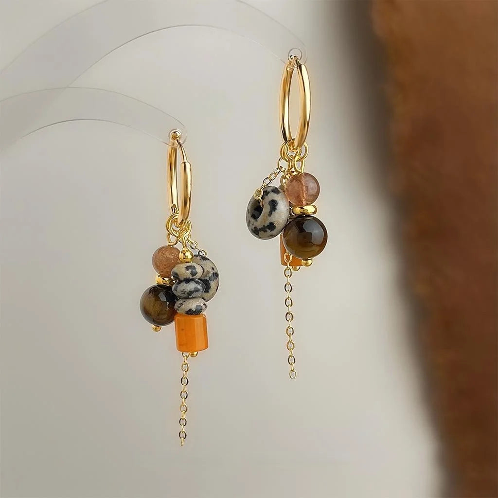 Vintage Ethnic Copper Tiger Eye Spotted Stone Tassel Drop Earrings Handmade Geometric Jewelry