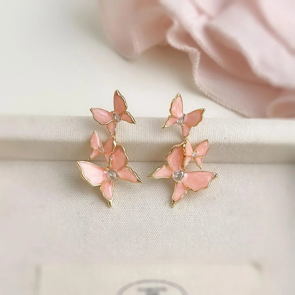 Sweet Pink Copper Butterfly Drop Earrings With Micro Pave Zircon, Elegant Summer Jewelry