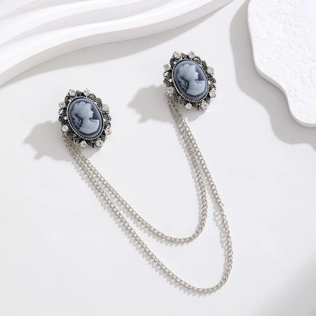 Vintage Cameo Lady Head Alloy Rhinestone Double Chain Brooch Collar Pin For Suit Lapel Scarf Gift