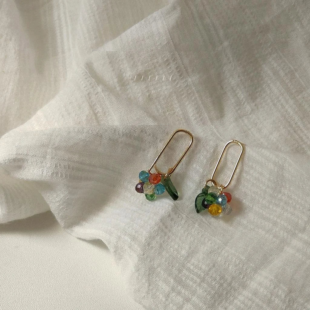 Sweet Floral Glass Crystal Beaded Drop Earrings With 14K Plated