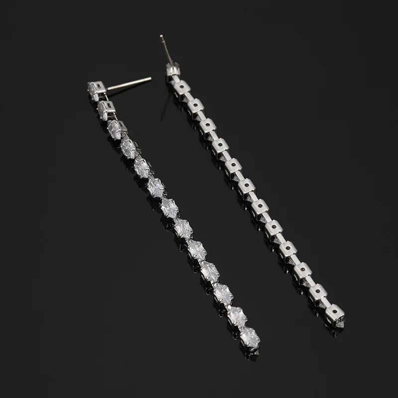 Elegant Long Tassel Marquise Zircon Spiral Drop Stud & Clip On No Piercing Silver Needle Earrings