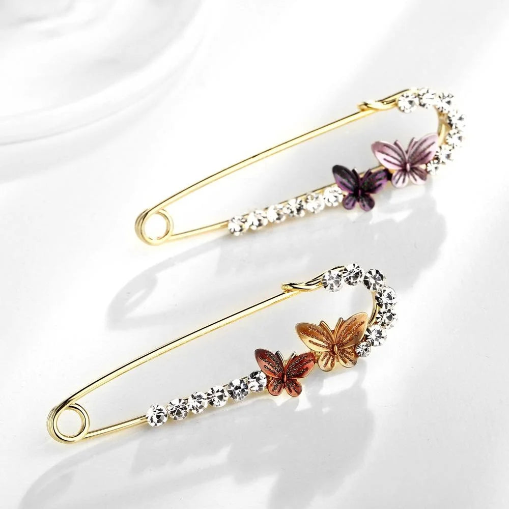 Elegant Gold Alloy Safety Pin Brooch With Rhinestone Butterfly Charm, Women's Lapel Pin Scarf Corsage Gift