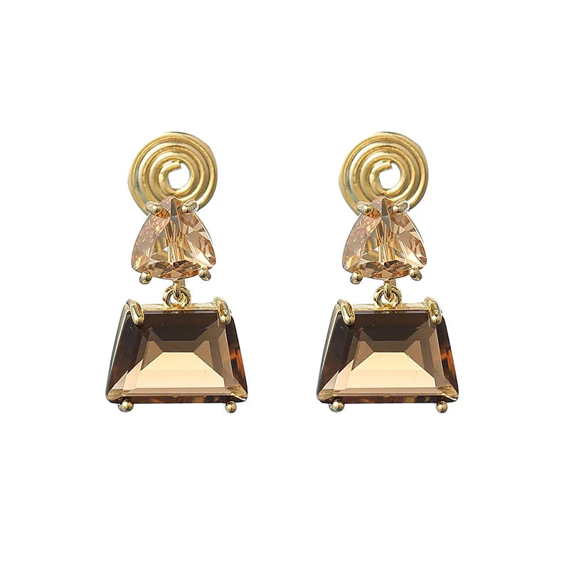 Vintage Luxury Geometric Tea Brown Crystal Alloy Drop Stud & Clip On No Piercing Dangle Earrings
