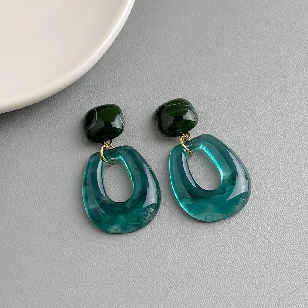 Vintage Green Geometric Acrylic Stud Earrings Handmade Gradient Round Artistic Jewelry