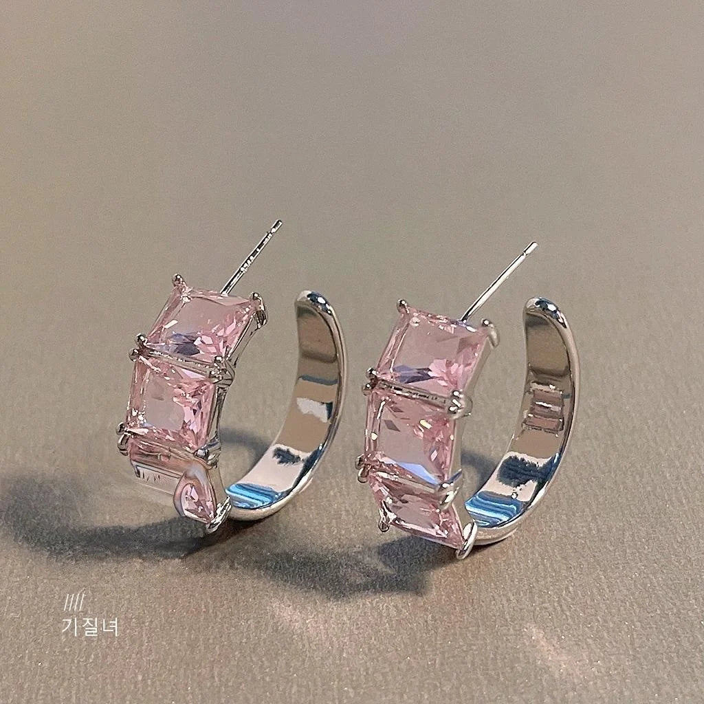 Sweet Cool Pink Zircon Sugar Cube C-Shaped Copper Hoop Earrings With Silver Plated Pins
