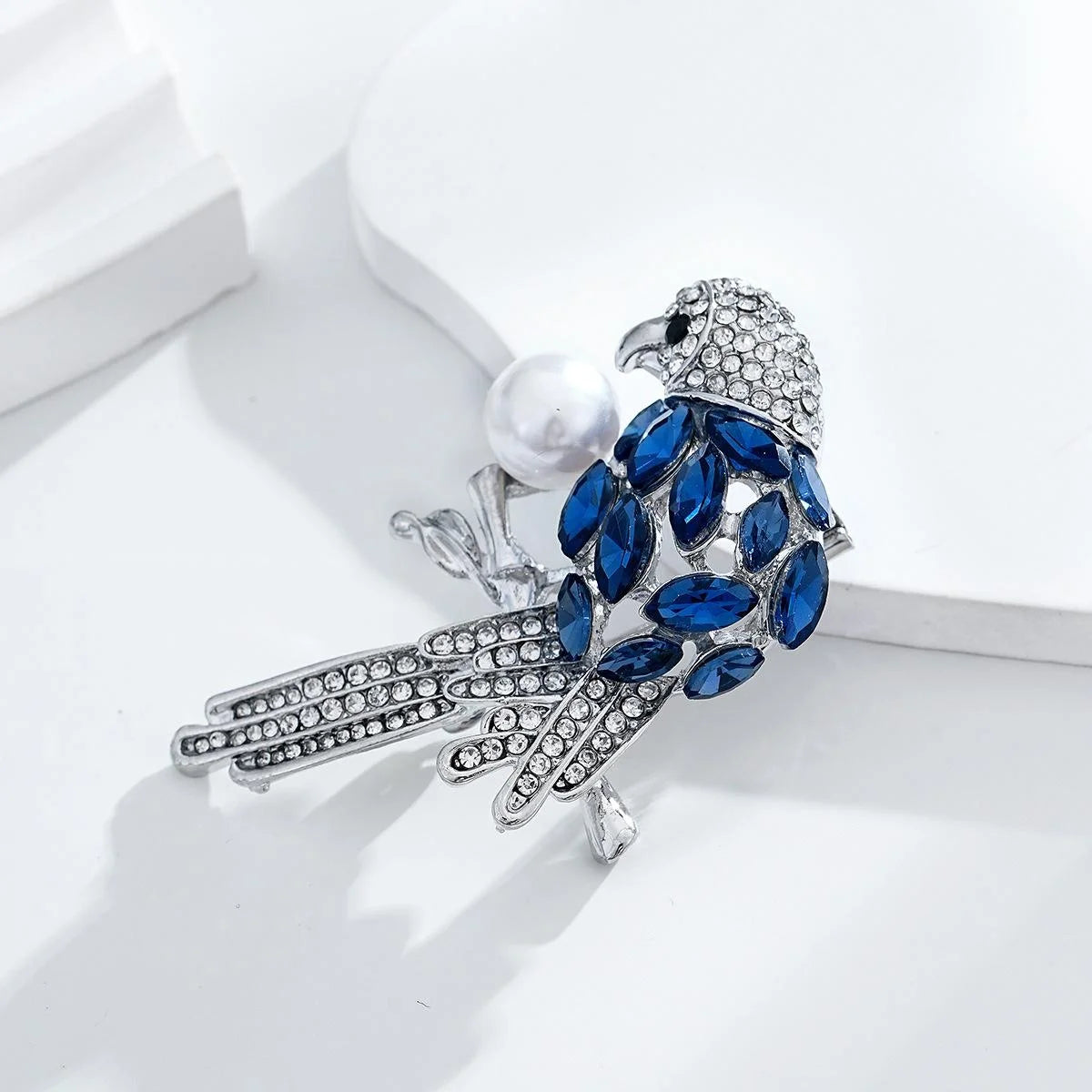 Elegant Blue Crystal Parrot Brooch With Rhinestone Alloy Pearl, Women's Lapel Pin Suit Accessory Gift
