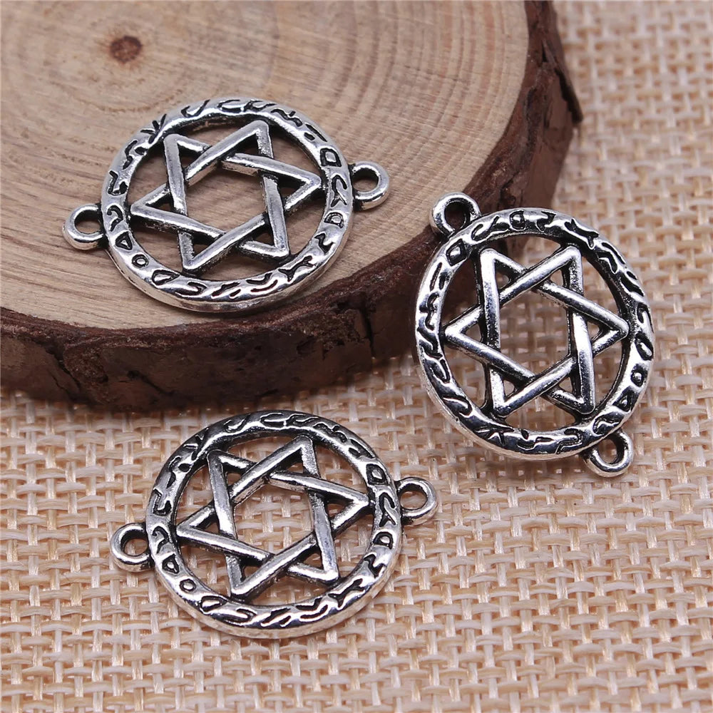 24x18mm 2.2g Antique Silver Zinc Alloy Round Five-Point Star Connector Charm for DIY Jewelry Making
