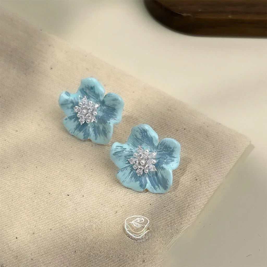 French Sweet Blue Flower Stud Earrings Copper Zircon Pearl Hand Painted Enamel Floral Jewelry