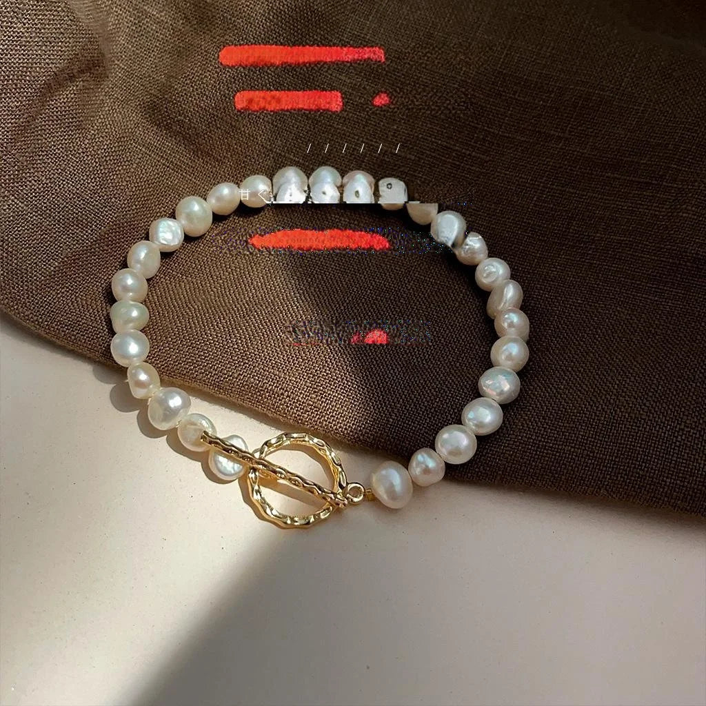 14K Real Gold Plated Natural Irregular Baroque Freshwater Pearl Handmade Geometric Circle Bracelet