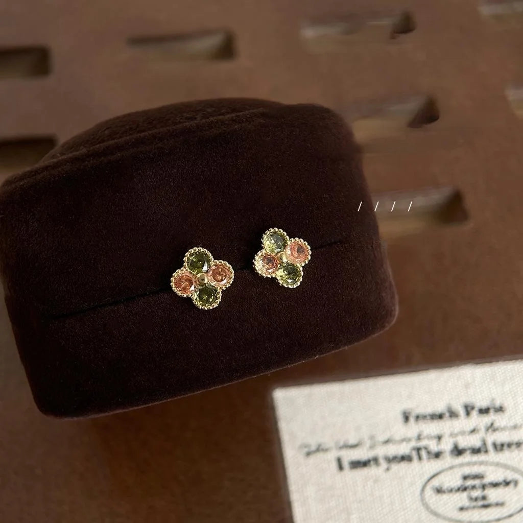 Mini 14K Gold Plated Copper Micro Pave Zircon Geometric Flower Stud Earrings For Women