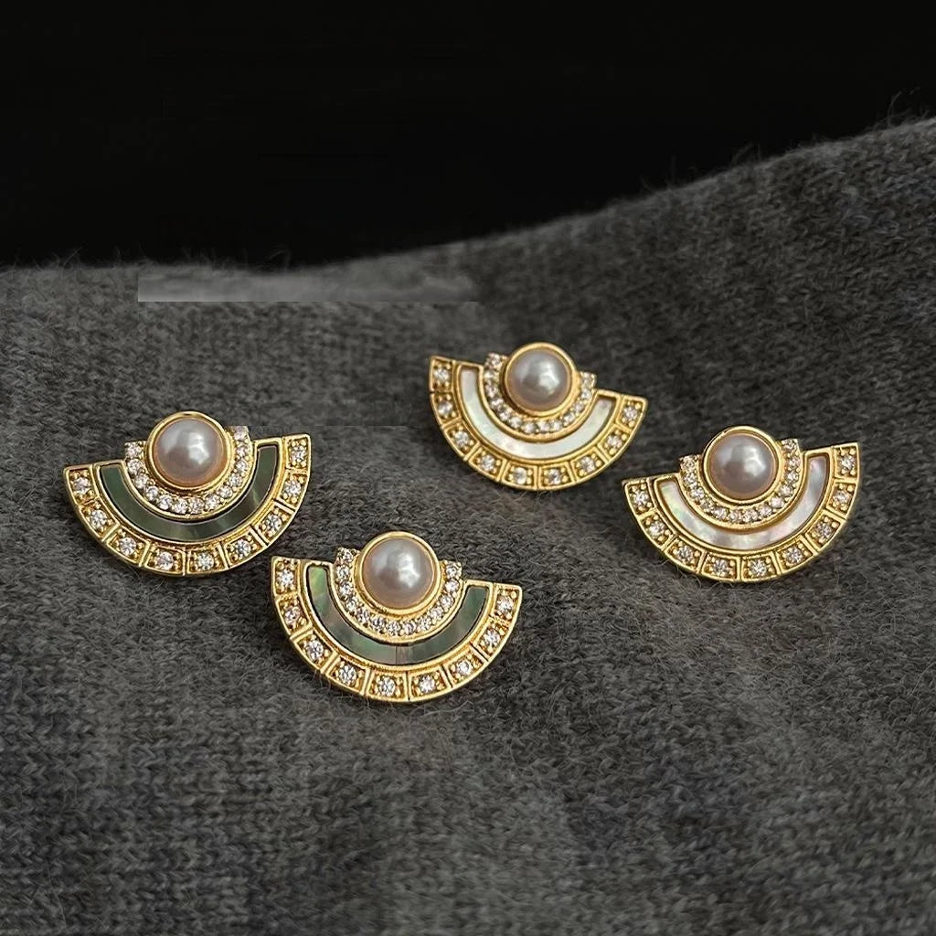 14K Plated Copper Real Shell Pearl Zircon Fan Geometric Stud Earrings For Women