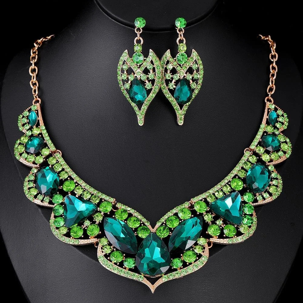 Vintage Green Crystal Rhinestone Statement Necklace And Earrings Jewelry Set For Bridal Wedding Party Banquet Gift