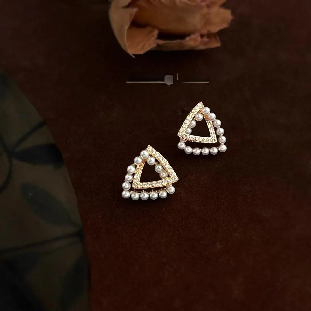 Geometric 3D Micro Pave Zircon Triangle Pearl Stud Earrings Copper