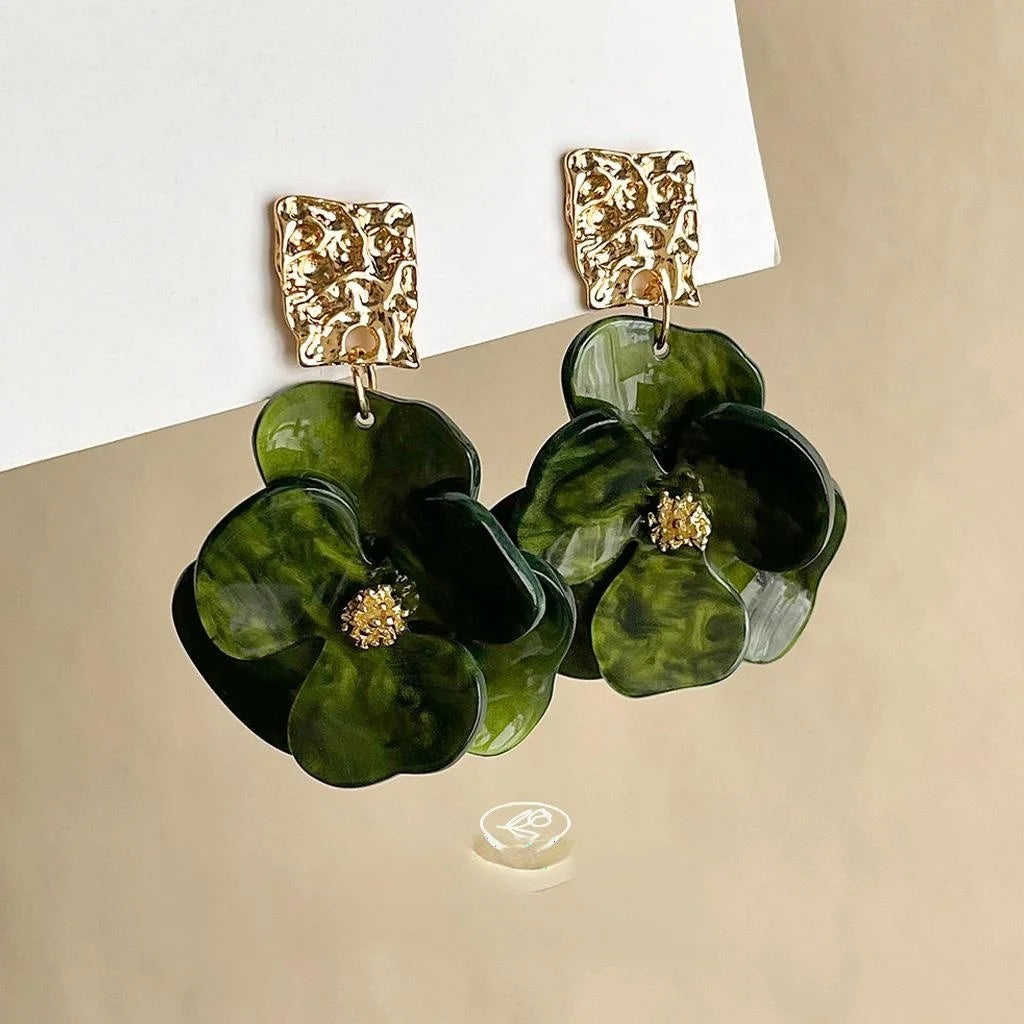 Tundra Green 14K Plated Vintage Acetate Iris Flower Drop Earrings Forest Style Jewelry