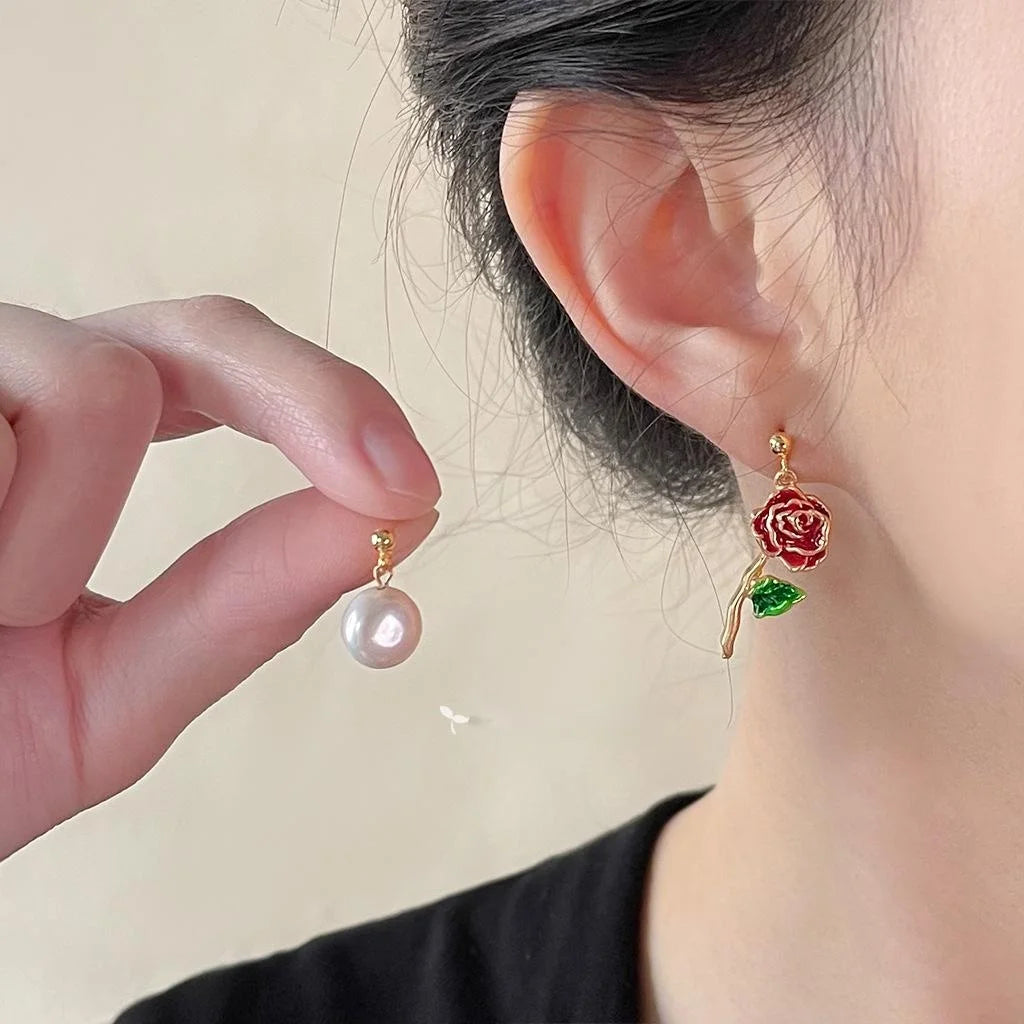French Vintage Asymmetric Rose Geometric Baroque Freshwater Pearl Drop Earrings