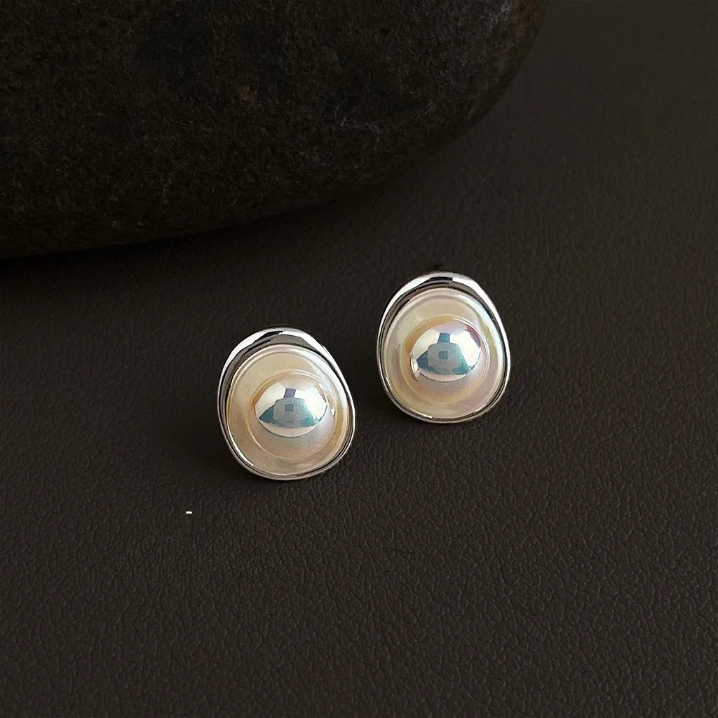 Light Luxury Geometric Pearl Stud Earrings For Women, Copper Round Oval Elegant Jewelry