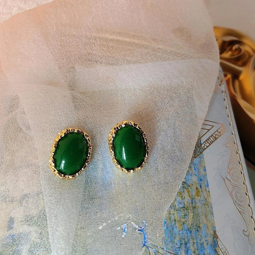 Vintage Style Copper Oval Emerald Green Statement Stud Earrings For Women
