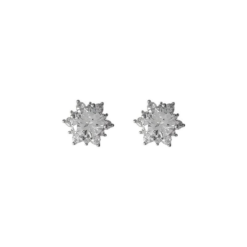 Mini Snowflake Micro Pave Zircon Copper Stud Earrings Silver Plated Pins For Women