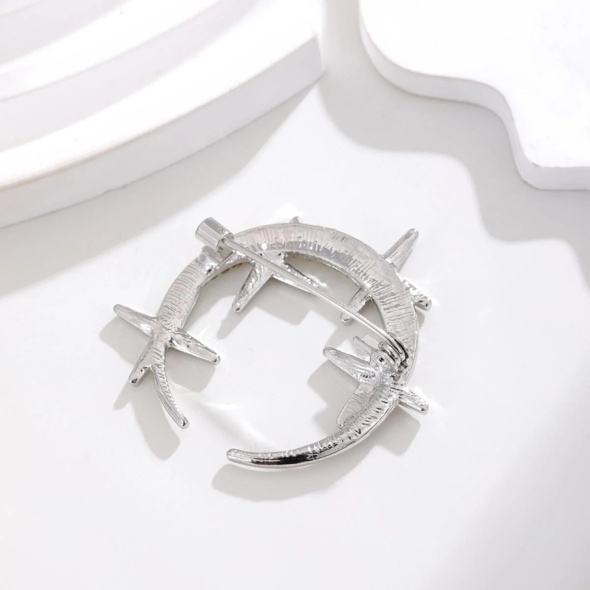Elegant Rhinestone Crescent Moon And Star Alloy Brooch For Women, Sparkling Lapel Pin Corsage Gift