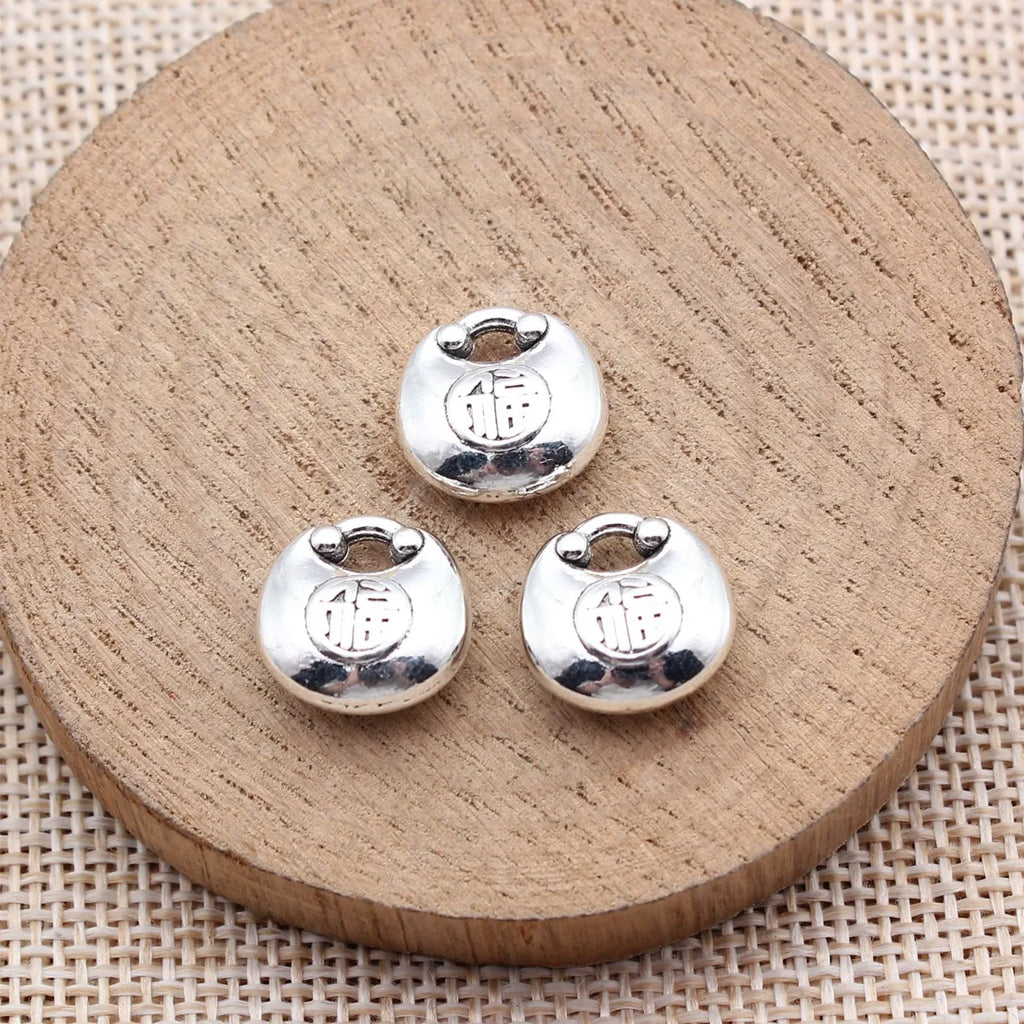 13x13x5.8mm 3g Antique Silver Zinc Alloy Fu Character Lock Charm Pendant for DIY Jewelry Making