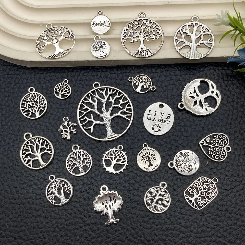 Antique Silver Zinc Alloy Hollow Tree of Life Bead for DIY Beaded Jewelry Making